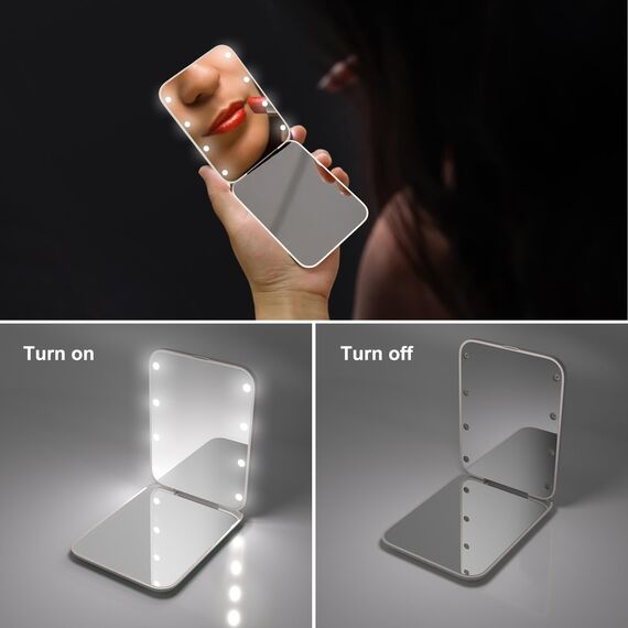 Kintion Taschenspiegel, 1X/3-fache Vergrößerung, Beleuchteter Kunststofffaser Spiegel, Faltbarer Taschenspiegel, Handheld-Reisespiegel, Kleiner Beleuchteter Kompaktspiegel, Aprikose