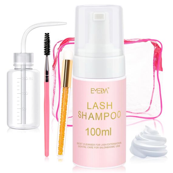 EMEDA 100Ml Wimpernshampoo für Extensions mit Spülflasche und Bürste Wimpern Extensions Shampoo kit Für Salon Wimpernschaum Reiniger Heimanwendung Wimpern Shampoo Eyelash Cleanser Lash Shampoo