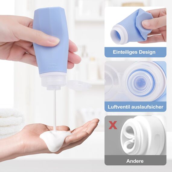 Opret 4 Stück Silikon Reiseflaschen Set, 100ml Reiseflaschen zum Befüllen Kosmetik Shampoo Flüssigkeiten, Auslaufsicher Nachfüllbare Leer Reiseset Reisegröße Behälter Travel Bottles Set Travel Kit