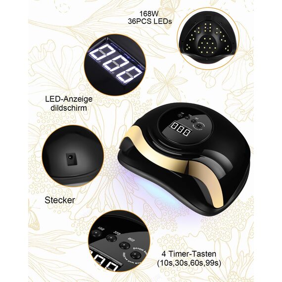 Aokyom 168W Nageltrockner Lampe, UV LED Lampe für Nägel Professionelle Nagellampe mit 10/30/60/99s Timer LCD Anzeige und Smart Sensor für Finger/Zehennagel und für Alle Gel Nagellack,Gelnägel,Shellac