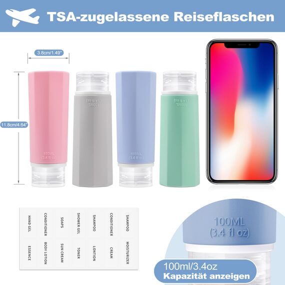 Opret 4 Stück Silikon Reiseflaschen Set, 100ml Reiseflaschen zum Befüllen Kosmetik Shampoo Flüssigkeiten, Auslaufsicher Nachfüllbare Leer Reiseset Reisegröße Behälter Travel Bottles Set Travel Kit