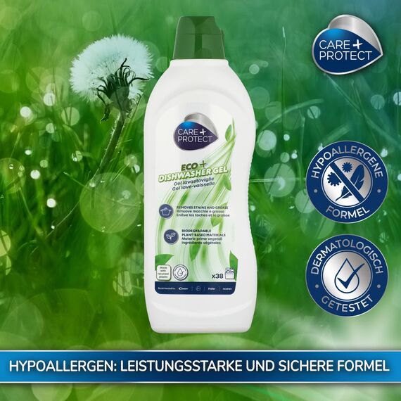 CARE + PROTECT – Ökologisches Gechirrspüler-Gel / hypoallergen / tierversuchsfrei / biologisch abbaubar / Geschirrspülmittel, Entfetter und Klarspüler / 650 ml / bis zu 38 Spülgänge