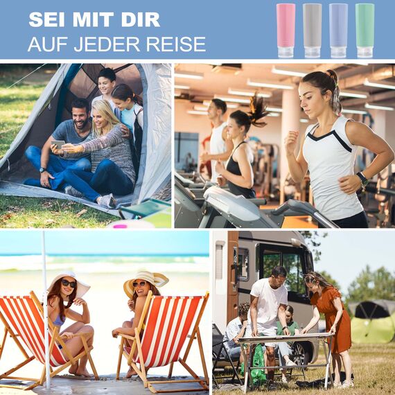 Opret 4 Stück Silikon Reiseflaschen Set, 100ml Reiseflaschen zum Befüllen Kosmetik Shampoo Flüssigkeiten, Auslaufsicher Nachfüllbare Leer Reiseset Reisegröße Behälter Travel Bottles Set Travel Kit