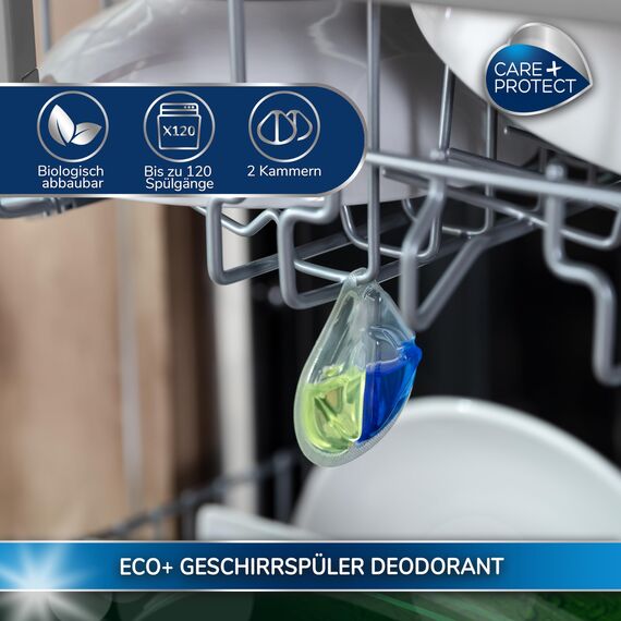 CARE+PROTECT ECO+ Spülmaschinen Deo, Zitrus I 2 Stck. Geschirrspüler Duft, 120 Spülgänge I Beseitigt unangenehme Gerüche zuverlässig & langanhaltend I Geschirrspüler Deo ohne Chemie & Mikroplastik