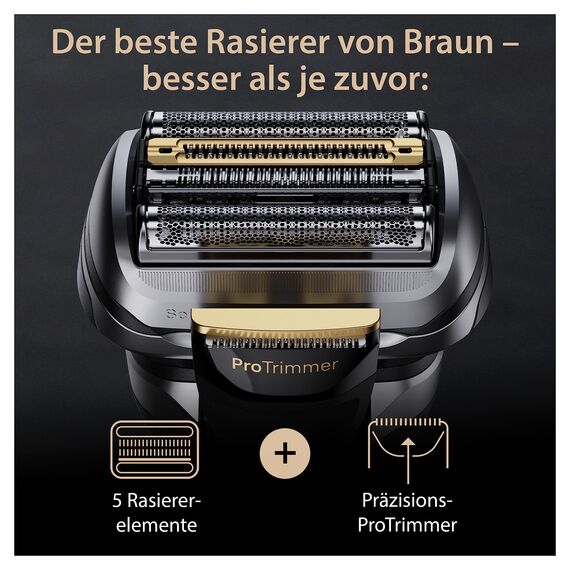 Braun Series 9 Pro+ Rasierer Herren, Elektrorasierer mit 5 Pro Rasierelementen, Langhaarschneider & Reinigungsstation, Rasierer-Ladeetui PowerCase, 60 Min Laufzeit, Made in Germany, 9577cc, Silber