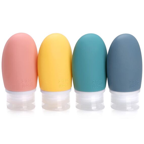 Opret 4 Stück Silikon Reiseflaschen Set, 60ml Auslaufsicher Nachfüllbare Portable Reise Container für Shampoo Creme Spülung, BPA-frei und TSA-geprüft