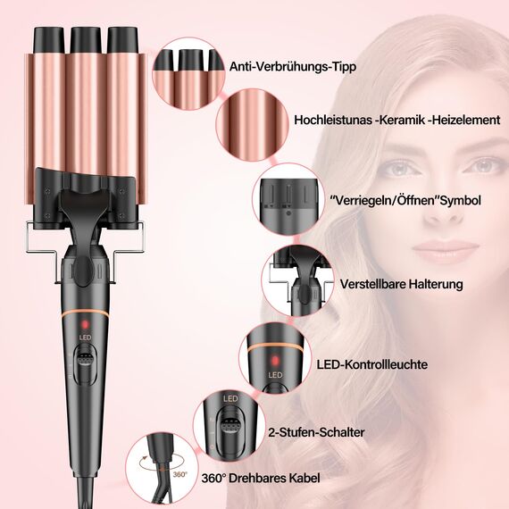 Lockenstäbe 3 Fässer für Große-BESTOPE PRO Lockenstab set 5 in 1 Locken mit einstellbarer Temperatur Keramik Lockenwickler mit Verschiedenen Aufsätzen Schnelle Heizung, Handschuh, 2 Clips