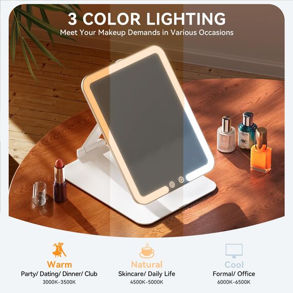 Auxmir Kosmetikspiegel mit Beleuchtung, Wiederaufladbar Tragbar Spiegel Schminkspiegel, Faltbar Reisespiegel mit 3 Lichtfarben, Ultraschlank Tischspiegel mit Licht für Zuhause Reise
