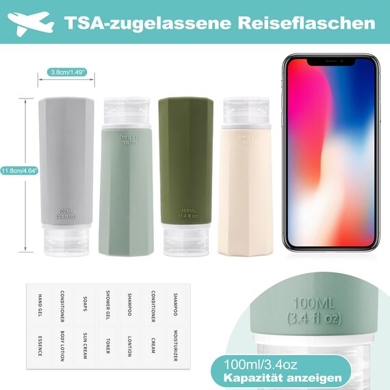 Opret 4 Stück Silikon Reiseflaschen Set, 100ml Reiseflaschen zum Befüllen Kosmetik Shampoo Flüssigkeiten, Auslaufsicher Nachfüllbare Leer Reiseset Reisegröße Behälter Travel Bottles Set Travel Kit