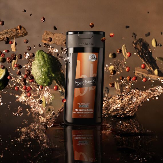 bruno banani Magnetic Man Shower Gel, 3-in-1-Duschgel mit fesselnd-holziger Ambernote, 250ml