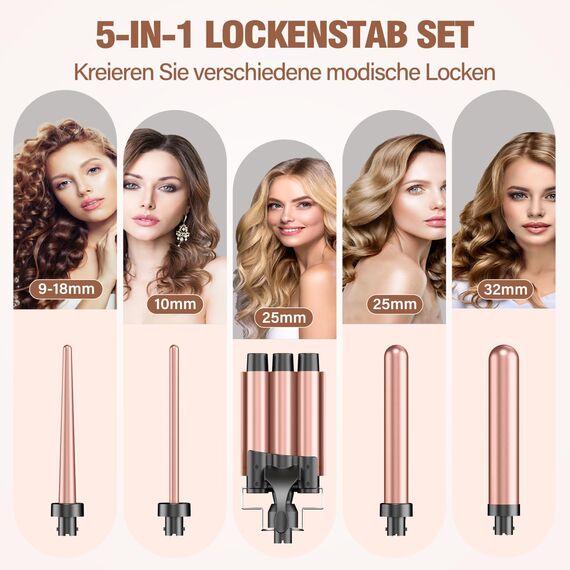 Lockenstäbe 3 Fässer für Große-BESTOPE PRO Lockenstab set 5 in 1 Locken mit einstellbarer Temperatur Keramik Lockenwickler mit Verschiedenen Aufsätzen Schnelle Heizung, Handschuh, 2 Clips