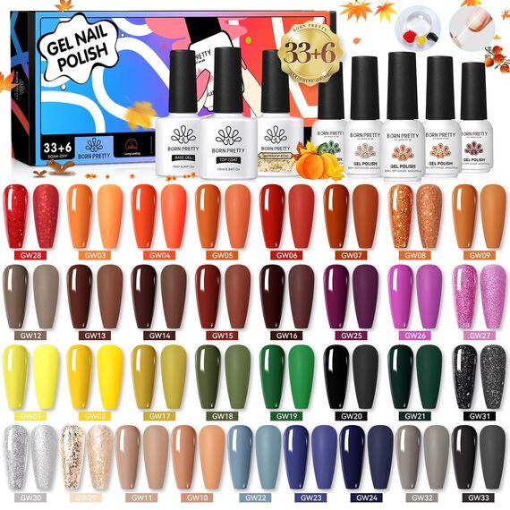 BORN PRETTY UV Nagellack Braun Nude Schwarz Rot Weiß Gellack 39PCS Gel Nägel Nagellack Set Top Coat Base Nagelkleber Matte Glitzer Gelnägel Acryl Nägel Selber Set