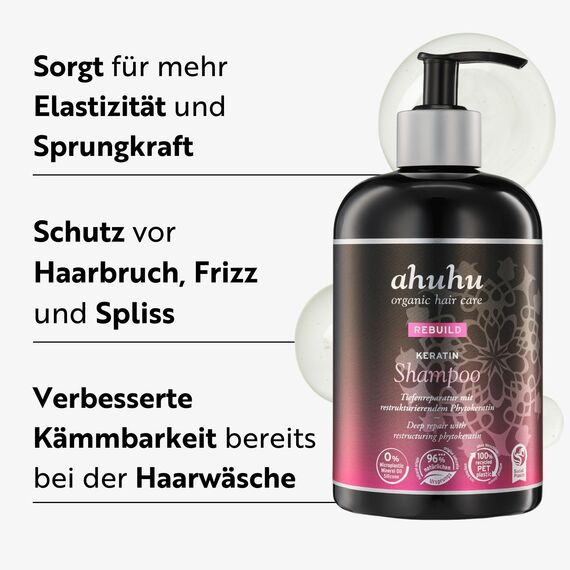 ahuhu REBUILD Keratin Shampoo XXL (500ml) – Shampoo für strapaziertes Haar, intensive Haarpflege mit Phytokeratin, reduziert Frizz & Haarbruch, silikonfrei