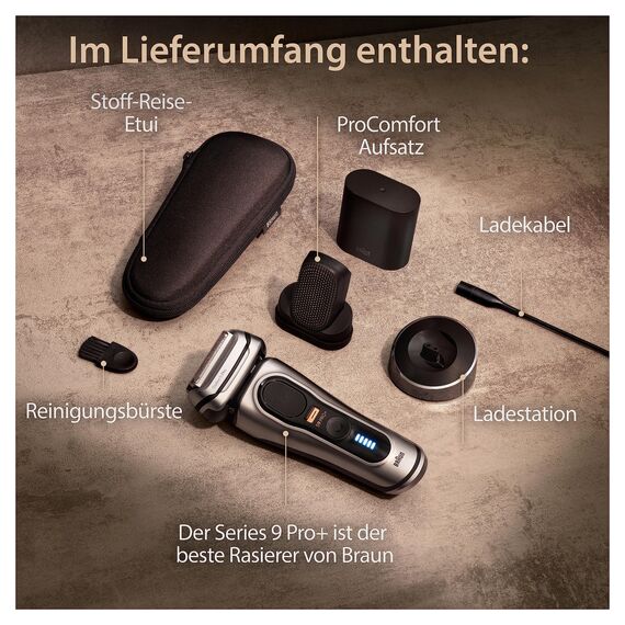 Braun Series 9 Pro+ Rasierer Herren Elektrisch, Elektrorasierer mit 5 Pro Rasierelementen, ProComfort Aufsatz, 2-in-1-System, Ladestation, 60 Min Laufzeit, Made in Germany, 9557s, Silber