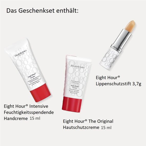 Elizabeth Arden Geschenkset Eight Hour: Hautschutzcreme 15ml + Lippenschutzstift 3,7g + Intensive Feuchtigkeitsspendende Handcreme 15ml, Geschenkbox für Damen