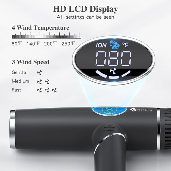 Slopehill Ionen Haartrockner 2000W Professionell - Leiser Föhn mit 110.000 RPM Bürstenlosem Motor, Leicht & Faltbar für Reisen, Diffusor, LCD-Display, Ideal für Lange Haare und Glänzendes Haar