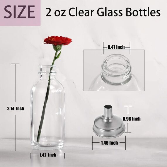 DIDITIME Glasflaschen mit Deckel und 2 Trichtern, kleine Glasbehälter mit Deckel, Gewürzgläser, Saftflaschen, Mini-Reiseflaschen, 60 ml Probenflaschen für Trank, Ingwer-Shots, Öle, 12 Stück
