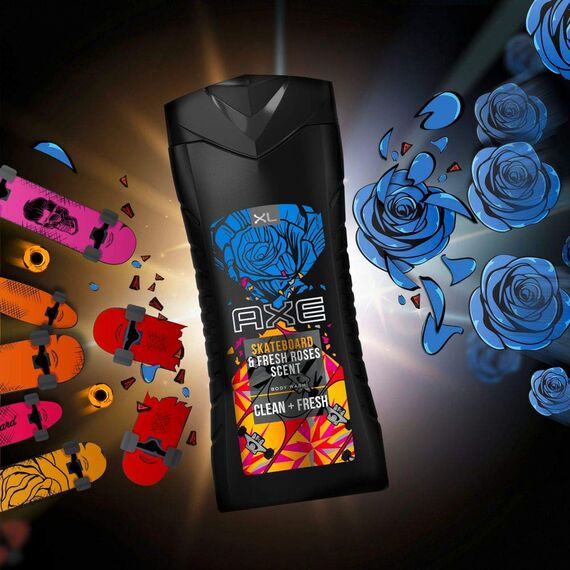 Axe Skateboard & Fresh Roses 3in1 Duschgel Herren Body Hair Face 12h frischen Duft auf Pflanzenbasis (1 x 250 ml) (Packung mit 2)