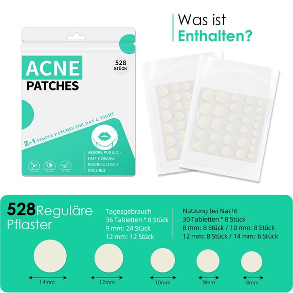 Pimple Patches Hydrokolloid Unsichtbare Pickel Patch mit Teebaumöl Tag und Nacht Verwenden Pimple Patch Akne Patches Wasserdichte Atmungsaktive Acne Patch Pflaster (528 Stück, Rund)