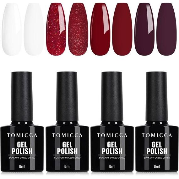 TOMICCA Gel UV Nagellack Rot Weiß Set, 4 Farben Rot Glitter Soak Off UV/LED Gel Nail Polis Nicht Giftig und Langlebig, Weihnachts Set für Nagelstudio Design und DIY zu Hause, 8ml
