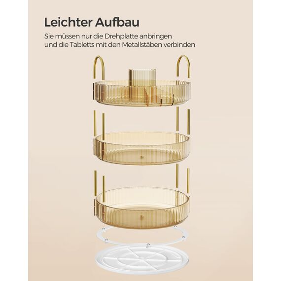 SONGMICS Make-up Organizer drehbar, Kosmetik-Organizer rund, 3 Ebenen, Kosmetik Aufbewahrung, anpassbar, für Schminktisch, Geschenkidee, Champagnergold JKA011A01