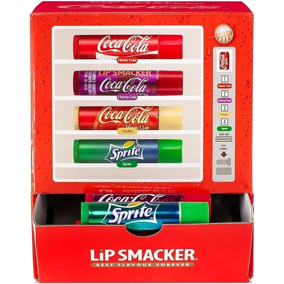 Lip Smacker, Coca-Cola Lippenbalsam-Sortiment, duftender Lippenbalsam im Spender, Geschenkset für Mädchen und Frauen, 4 Geschmacksrichtungen, Coca-Cola, Kirsche, Vanille, Sprite