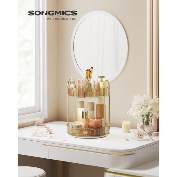 SONGMICS Make-up Organizer drehbar, Kosmetik-Organizer rund, 2 Ebenen, Kosmetik Aufbewahrung, anpassbar, für Schminktisch, Geschenkidee, Champagnergold JKA012A01