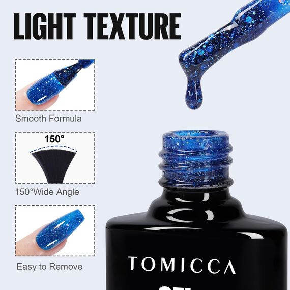 TOMICCA UV Nagellack Blau Glitter Set, 6 Farben Herbst Glitter Gel Nagellack Soak Off UV/LED Geschenk Nicht Giftig und Langlebig Für Starter Nail Art Salon DIY Home, 8ml