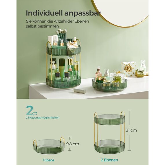 SONGMICS Make-up Organizer drehbar, Kosmetik-Organizer rund, 2 Ebenen, Kosmetik Aufbewahrung, anpassbar, für Schminktisch, Geschenkidee, hellgrün JKA012C01