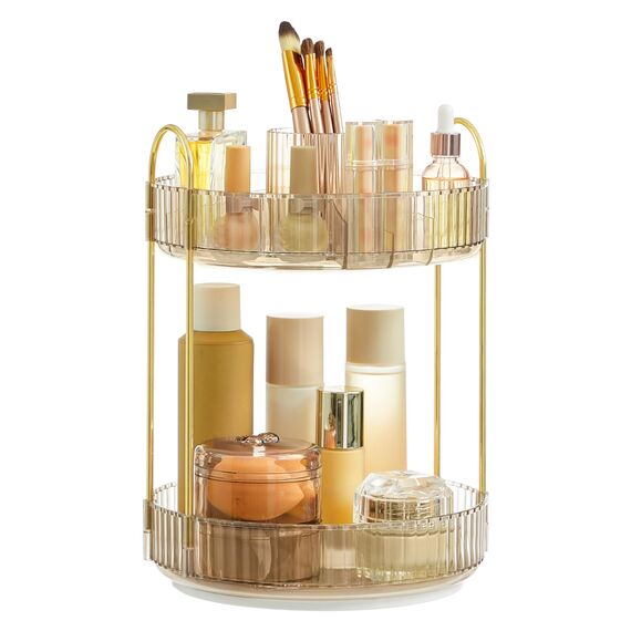 SONGMICS Make-up Organizer drehbar, Kosmetik-Organizer rund, 2 Ebenen, Kosmetik Aufbewahrung, anpassbar, für Schminktisch, Geschenkidee, Champagnergold JKA012A01