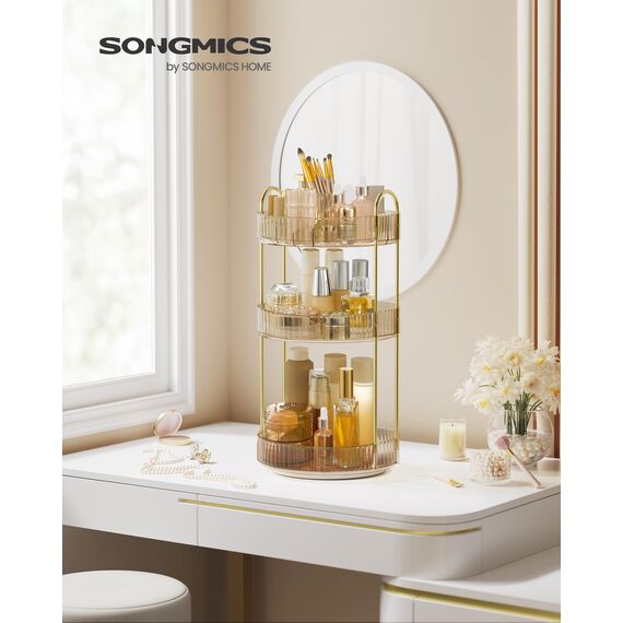 SONGMICS Make-up Organizer drehbar, Kosmetik-Organizer rund, 3 Ebenen, Kosmetik Aufbewahrung, anpassbar, für Schminktisch, Geschenkidee, Champagnergold JKA011A01