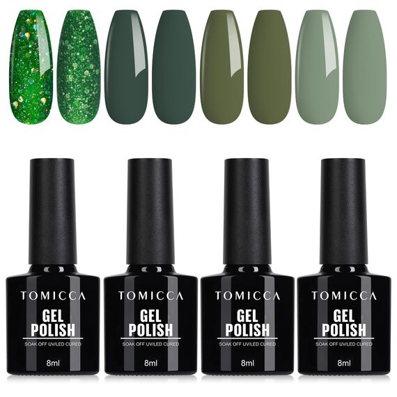 TOMICCA UV Nagellack Grün Set, 4 Farben Dunkelgrün Glitter Gel Nagellack Soak Off UV/LED Nicht Giftig und Langlebig, Weihnachts Set Für Starter Nail Art Salon DIY Home, 8ml