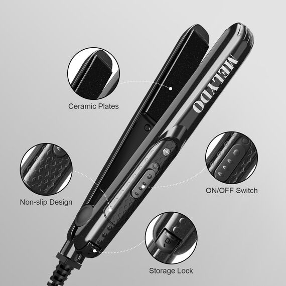 Melydo Mini Glätteisen für kurzes Haar, Tragbarer Reise-Mini-Haarglätter für kurzes Haar, duale Spannungsversorgung, Keramik-Heizplatte (Schwarz)