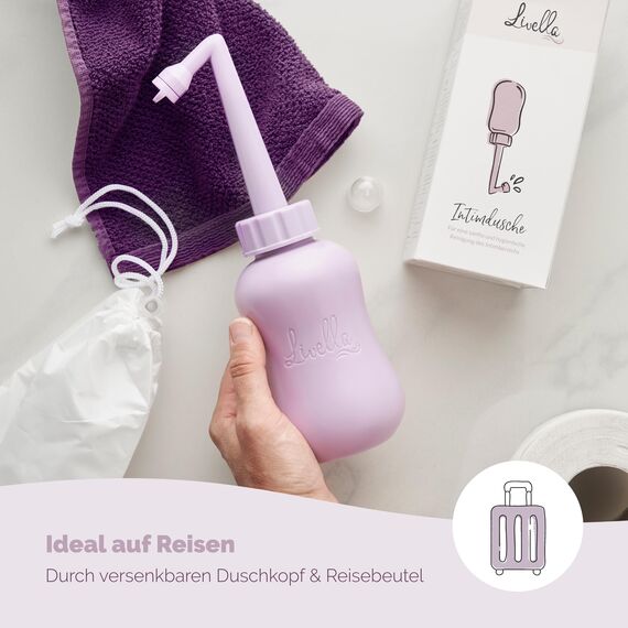 Livella | Intimdusche in Lila (400 ml) – Entwickelt in Deutschland - Für eine sanfte und hygienische Reinigung des Intimbereichs – Mehr Wohlbefinden im Wochenbett – Ideal als Reisebidet und Podusche