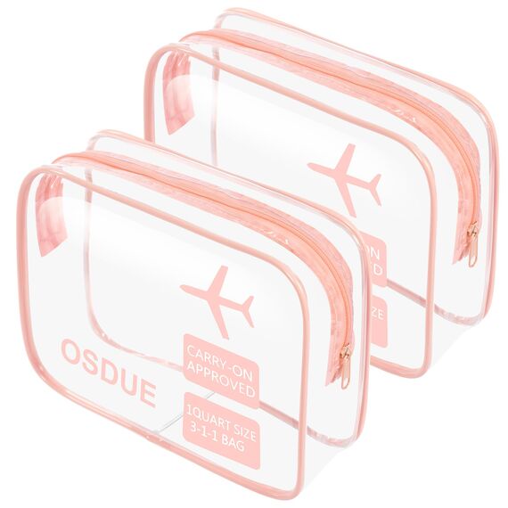 OSDUE 2 Stück Kulturbeutel Transparent, Flugzeug PVC Kosmetiktasche Wasserdicht, Handgepäck-Reisezubehör, Kulturtaschen für Männer, Frauen, Kinder, Familie (Rosa)