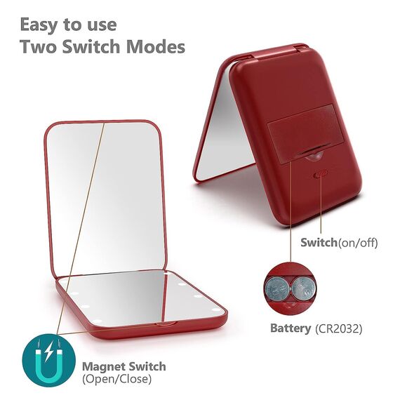 Kintion Taschenspiegel, LED Reisespiegel mit Licht Spiegel Klein, Taschenspiegel mit Vergrößerung 1x/3x, Spiegel mit Beleuchtung Klein, Klappspiegel Schminkspiegel mit Licht, Weinrot
