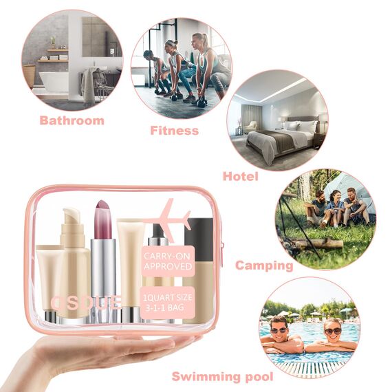 OSDUE 2 Stück Kulturbeutel Transparent, Flugzeug PVC Kosmetiktasche Wasserdicht, Handgepäck-Reisezubehör, Kulturtaschen für Männer, Frauen, Kinder, Familie (Rosa)