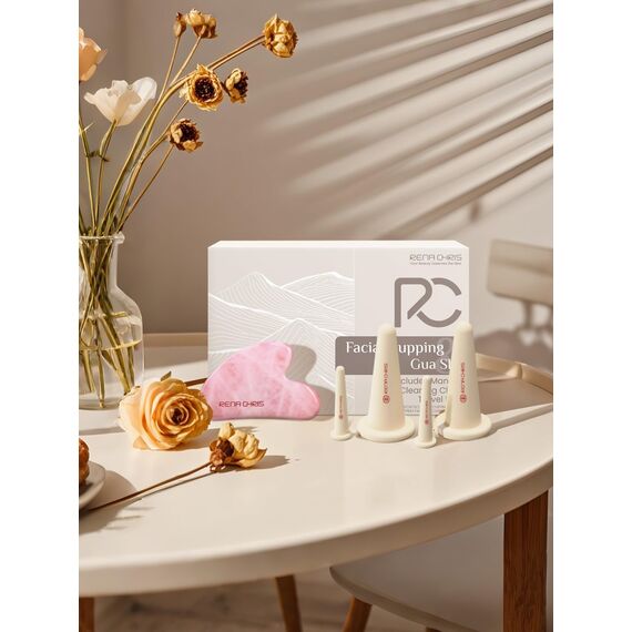 Rena Chris Gesichts-Schröpfen Set & Gua Sha Werkzeug - Silikon Schröpfgläser & Rosenquarz Gua Sha Stein für natürliche Hautpflege und Lippenaufpolsterung (Rosa)