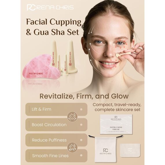Rena Chris Gesichts-Schröpfen Set & Gua Sha Werkzeug - Silikon Schröpfgläser & Rosenquarz Gua Sha Stein für natürliche Hautpflege und Lippenaufpolsterung (Rosa)