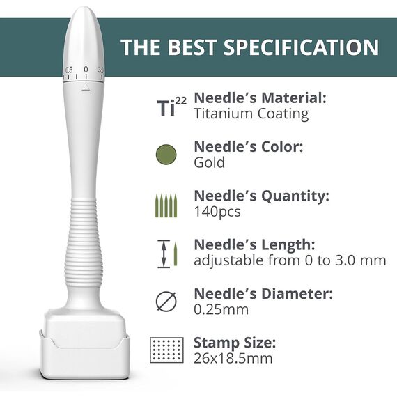 Einstellbarer Microneedling Derma Stamp - 140 Titanium Pins Professioneller Microneedle Dermapen für Haar, Bartwuchs, Gesicht, Körper - Beste Dermaroller Alternative