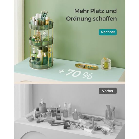 SONGMICS Make-up Organizer drehbar, Kosmetik-Organizer rund, 3 Ebenen, Kosmetik Aufbewahrung, anpassbar, für Schminktisch, Geschenkidee, Hellgrün JKA011C01