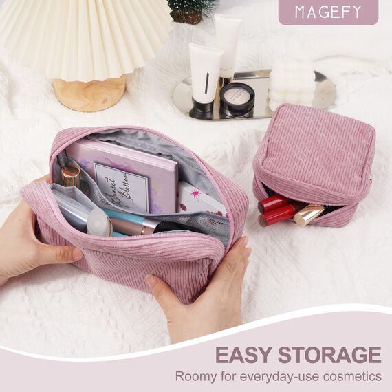 MAGEFY 2 Pcs Make up Taschen für Frauen, Kleine Kosmetiktaschen für Geldbeutel Cord Make up Pouch für Reisen Schule (Rosa)