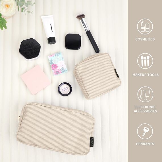 MAGEFY Kosmetiktasche Kleine Make up Tasche für Handtasche, Cord Schminktasche Damen mit Fächern Reise Makeup Tasche für Mädchen Frauen(Beige)