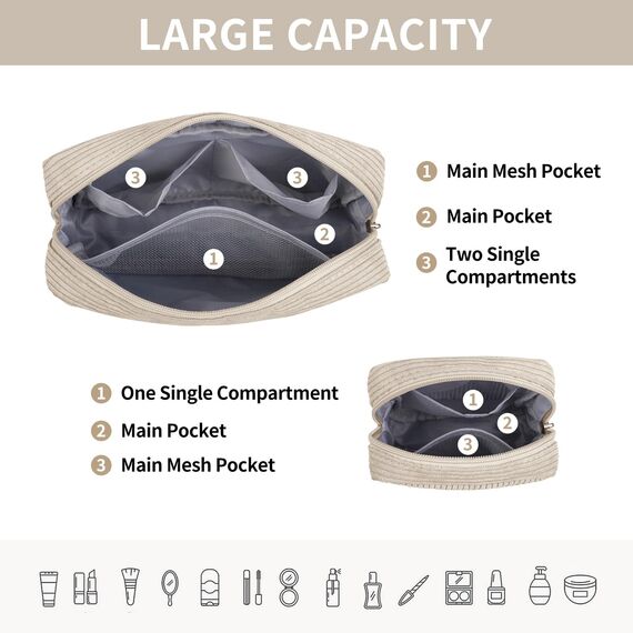 MAGEFY Kosmetiktasche Kleine Make up Tasche für Handtasche, Cord Schminktasche Damen mit Fächern Reise Makeup Tasche für Mädchen Frauen(Beige)