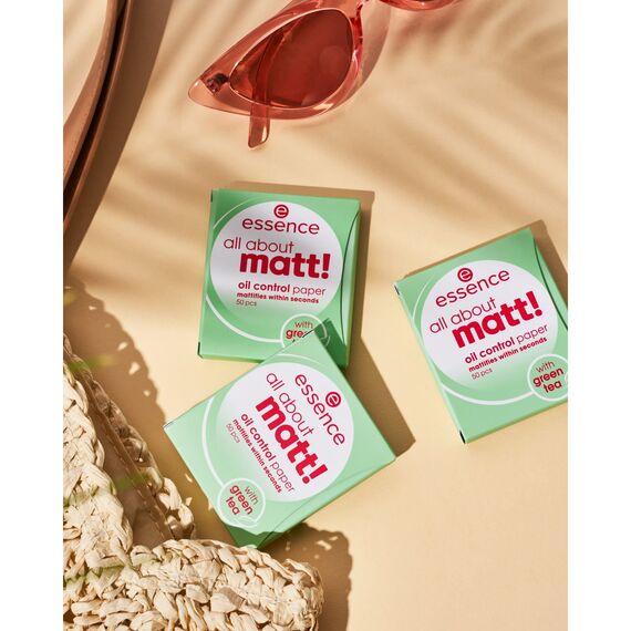 essence all about matt! oil control paper, mattierendes Papier, Puderpapier, transparent, glanzabsorbierend, matt, Nanopartikel frei, ohne Parfüm, ölfrei (50 Stück) (Packung mit 2)
