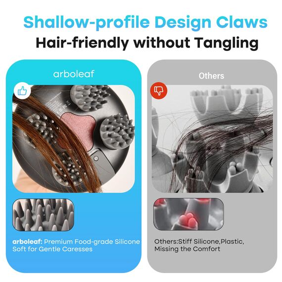 arboleaf Kopfhaut-Massagegerät elektrische Kopfmassage IPX7 wasserdicht mit 8 abnehmbaren Massageköpfen und 3 Massagemodi, handliches Kopfmassagegerät für Entspannung, Tiefenreinigung(silbrig)