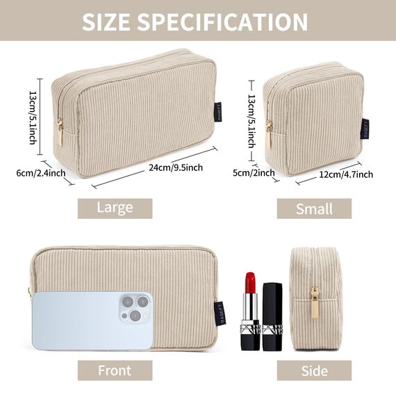 MAGEFY Kosmetiktasche Kleine Make up Tasche für Handtasche, Cord Schminktasche Damen mit Fächern Reise Makeup Tasche für Mädchen Frauen(Beige)