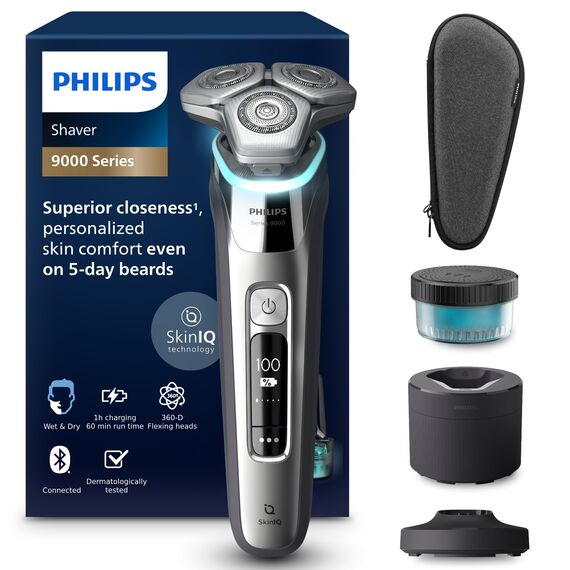 Philips Shaver S9000 – Elektrischer Nass-& Trockenrasierer für Männer, Dunkelchrom, Lift & Cut System, SkinIQ Technologie, Barttrimmer, Reinigungsstation, Ladestation & Reiseetui (Modell S9974/55)
