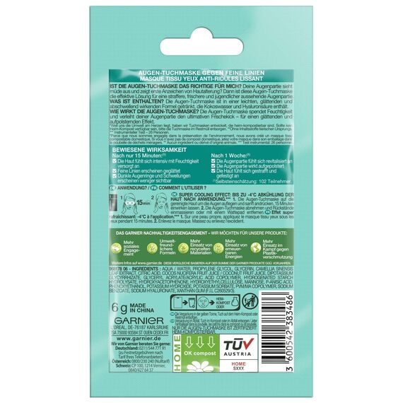 Garnier Augen-Tuchmaske, Feuchtigkeitsspendend, Gegen geschwollene Augen, Glättung feiner Linien, Vegane Formel mit Kokoswasser und Hyaluronsäure, Hydra Bomb, 6 g (Packung mit 4)