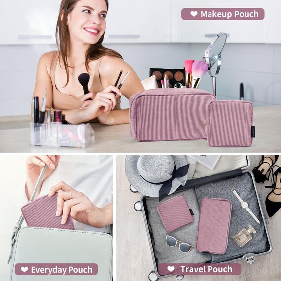 MAGEFY 2 Pcs Make up Taschen für Frauen, Kleine Kosmetiktaschen für Geldbeutel Cord Make up Pouch für Reisen Schule (Rosa)
